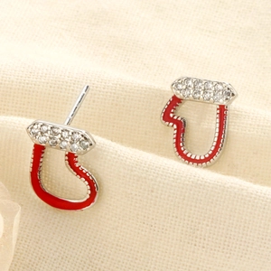 Exquisite Christmas stocking stud earrings with red enamel and pavé zircon settings