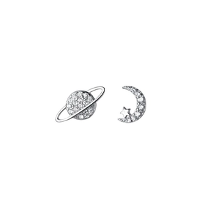 Asymmetric S925 silver stud earrings with sparkling pave-set moon and planet shapes