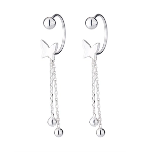 Detail of S925 sterling silver butterfly ear cuffs with hanging delicate chain tassels