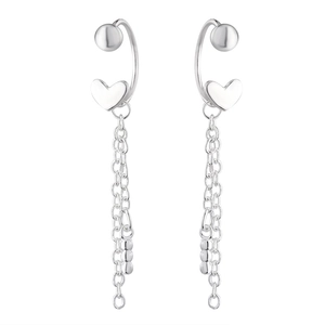 Detail of silver heart tassel earrings with screw back and dangling bead chains