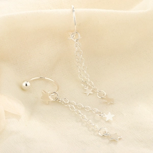 Polished S925 sterling silver star fringe earrings with long chain tassels on fabric