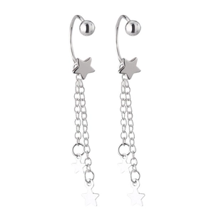 Minimalist silver star tassel drop earrings featuring polished stars and dangling chains