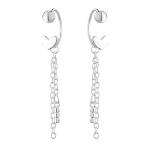 Elegant silver heart screw-back earrings with delicate tassel chains on white background