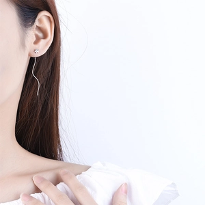 Detail of S925 sterling silver flower ear threader earrings worn by a model