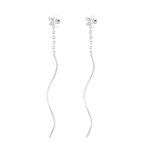 Close-up of S925 sterling silver flower earrings with elegant wavy tassel drop chains