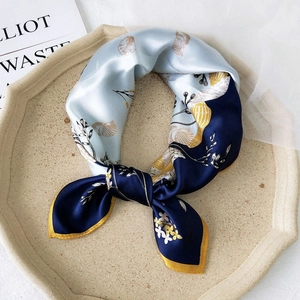 Pure Mulberry Satin Square Scarf Elegant Shell Floral Print Contrast Border Neck Wrap Headband French Retro Accessory Women