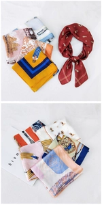 Detail of silk square scarves featuring colorful puppy and geometric floral print patterns