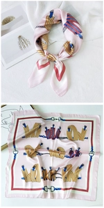 Detailed equestrian print on pink silk square scarf featuring leather straps and chain patterns