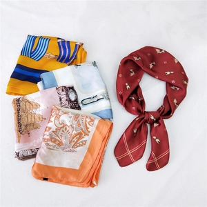 Elegant 70cm square silk neckerchiefs with vintage patterns and glossy texture in various colors