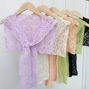 Women Girls Hollow Lace Crochet Polyester Shawl Flower Pattern Shoulder Wrap Knot Tie Scarf Vintage Sweet Sun Protection