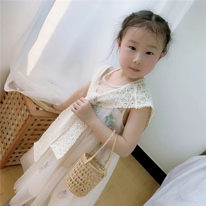 Lace flower shawl for women in beige with delicate mesh hollow design and pompom trim