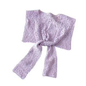 Elegant light purple floral lace crochet shawl wrap with delicate hollow design and front tie