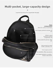 Detail view of large capacity black textured leather backpack with multi-pocket layout