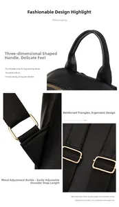 Detail view of black lychee leather texture, golden hardware and reinforced stitching
