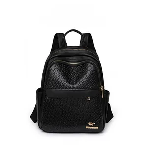 Front view of black soft leather backpack featuring woven texture and golden zipper detail