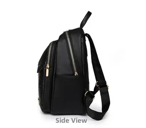 Side view of black PU leather backpack featuring woven texture and gold metal zippers