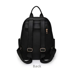 Back view of black pebble leather backpack with adjustable straps and zip pocket