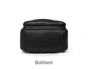 Detailed bottom view of black lychee leather backpack with woven edges and soft texture