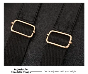 Detail of adjustable gold metal buckles on black lychee grain leather backpack straps