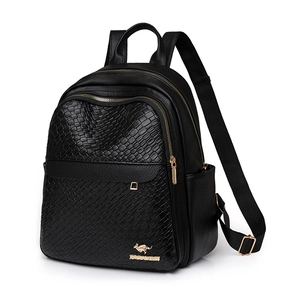 Black faux leather backpack featuring woven texture and gold kangaroo logo accents