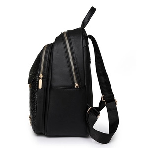 Black leather backpack for women with crocodile texture and golden zippers