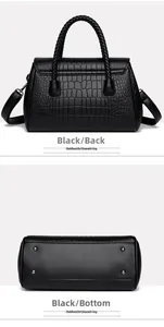Detail view of black crocodile pattern handbag with protective metal studs on the base