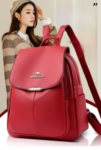 Detail of red textured leather backpack with flap closure and side zipper pocket