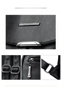 Detail of silver-tone metal zipper, magnetic snap, and buckle on black pebbled leather bag
