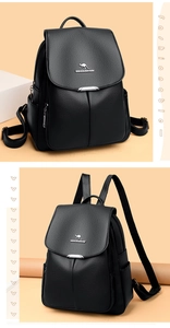 Close-up of black litchi grain leather backpack featuring a golden kangaroo logo