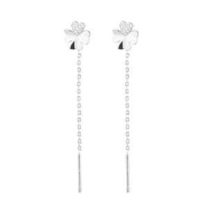 Detailed close-up of clover ear threader with heart-shaped petal and pavé crystals