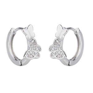 Macro view of butterfly earrings with pavé zircons and silver mirror finish hoops