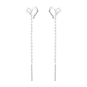 Detail view of silver heart drop earrings with delicate long chain tassels on white background