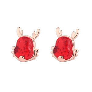 Cute reindeer stud earrings in rose gold finish with sparkling red gemstones for women