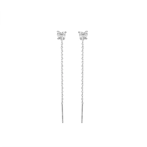 Detail of S925 sterling silver tassel earrings with heart-shaped zircon stones