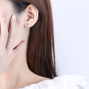 Elegant silver sparkling zircon threader earrings shown worn on a female model