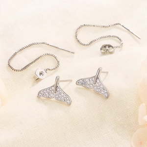 Elegant fishtail tassel earrings with s925 silver studs and sparkling full diamonds