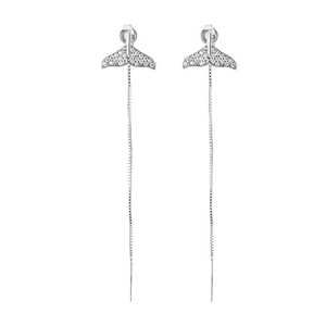 Elegant fishtail drop earrings with zircon tassels in polished silver finish