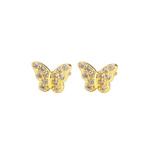 Élégantes boucles d'oreilles papillon 3D dorées avec pavé de zircons blancs brillants