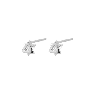 Detail of silver geometric triangle stud earrings with sparkling cubic zirconia stone