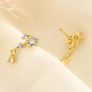 Détails de boucles d'oreilles dorées avec zircons ronds et en forme de larme