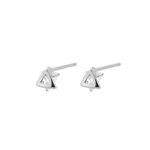 Minimalist geometric triangle stud earrings with clear zircon stones in silver finish