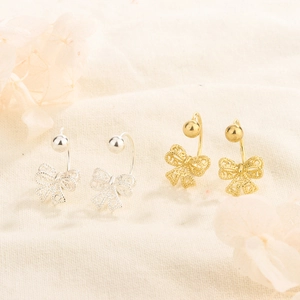 Hollow Lace Bow Knot Stud Earrings Copper Vintage French Style Elegant For Women With Metal Ball Screw Back