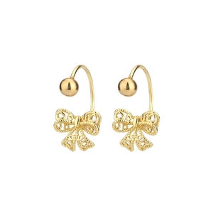 French vintage style hollow lace bow earrings in gold finish with screw back design