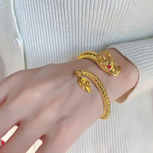 Chinese Zodiac Dragon Open Bangle Copper Gold Plated Animal Bracelet With Red Zircon Eyes And Flame Pendant Retro Ethnic Jewelry