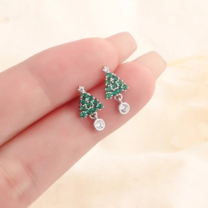 Christmas Tree Stud Earrings Green Cubic Zirconia Star Top With Silver Earring Post Festive Jewelry Gift For Women