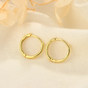 Close-up of S925 sterling silver gold hoop earrings on beige linen with dried flowers
