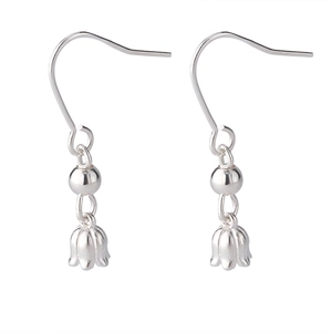 Detailed view of silver lily of the valley earrings with polished bead and elegant hooks