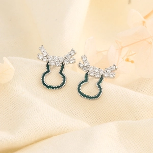 Sparkling reindeer elk stud earrings with green enamel gourd charm for Christmas gifts