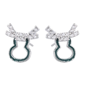 Silver elk-themed stud earrings with green enamel, horseshoe shape and sparkling zircons