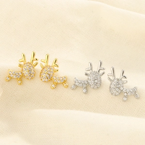 Cute Reindeer Stud Earrings Tiny Deer Animal Shape Copper With Cubic Zirconia For Women Girls Christmas Winter Jewelry